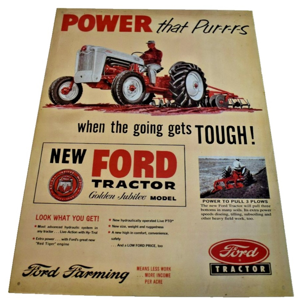 Ford Tractor Sign "Power That PUR-R-R-S" Metal Farm and Ranch 2001 USA